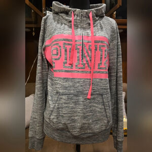 PINK Gray Quarter Zip Hoodie with Pink Logo